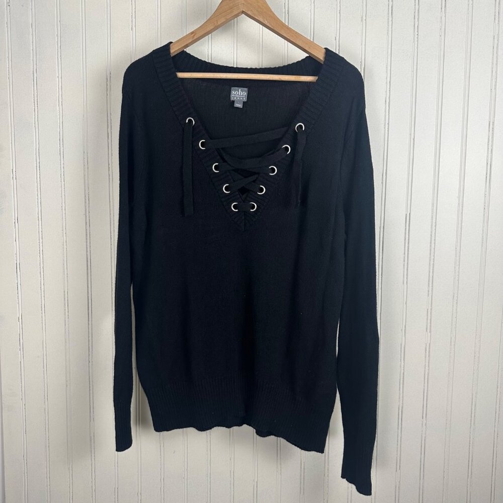 Black‎ Sweater With Lace Up Front Detail, Long Sleeve in Size Large